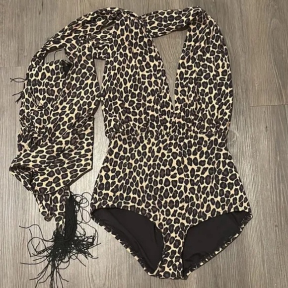 Michael Kors Collection Convertible V-Neck Brown Animal Print One-Piece Swim NWT - Picture 5 of 11